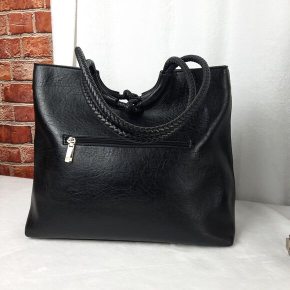Black Braided Handle Vegan Faux Leather Shoulder Bag Multiple Compartments - Picture 4 of 12